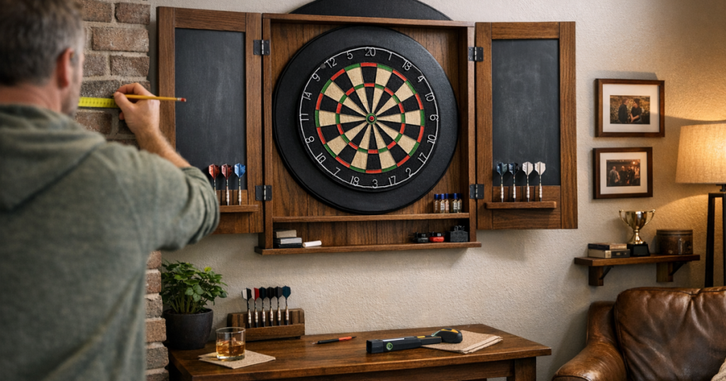 darts wall with cabinets