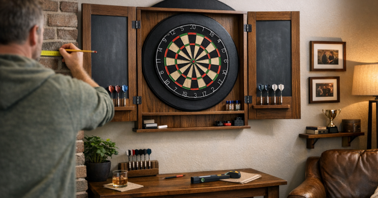 darts wall with cabinets