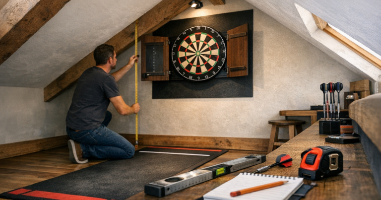 dartboard setup under sloped ceilings