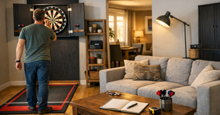 shared living room darts setup